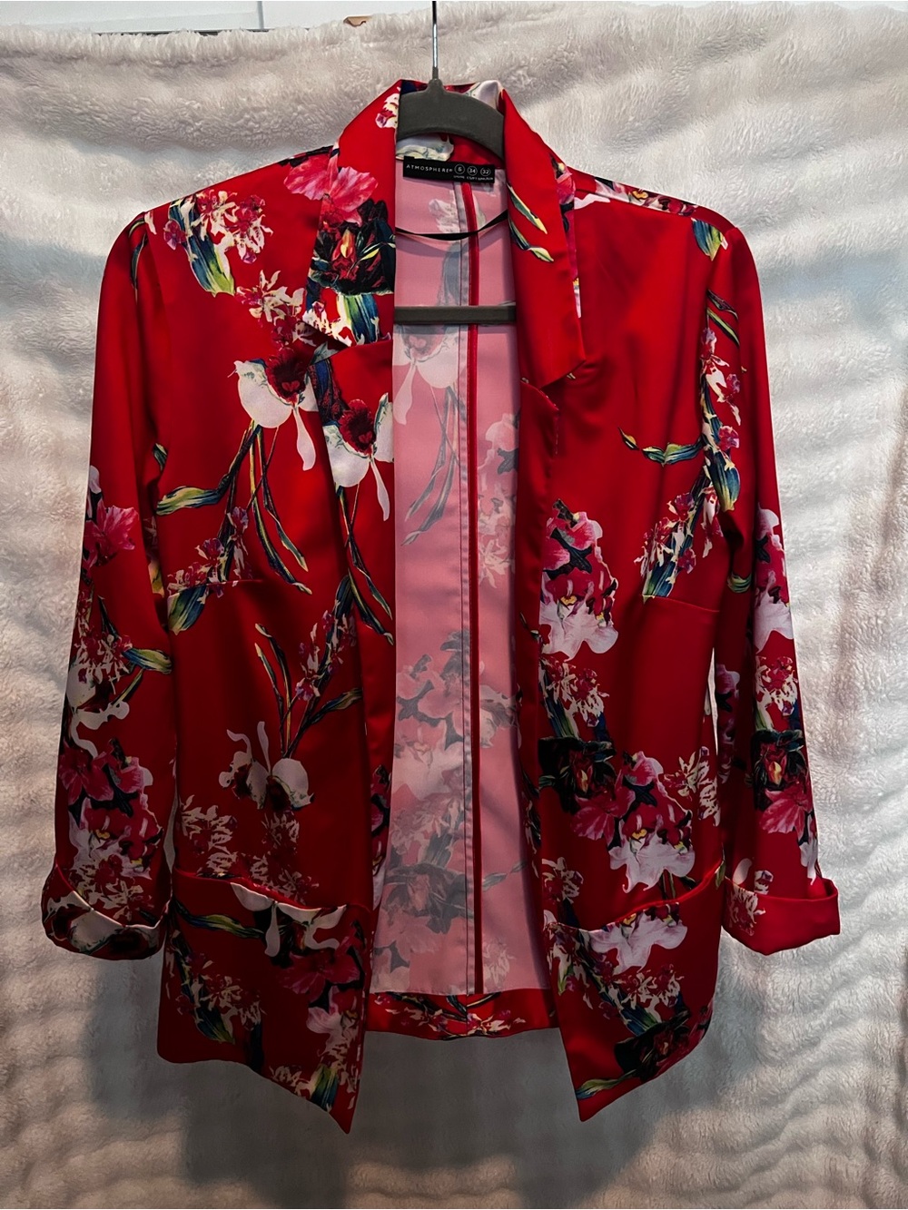 Atmosphere Red Floral Satin Open-Front Tunic Blazer